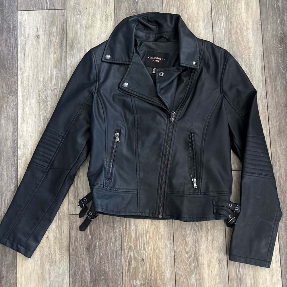 Celebrity Pink Black Faux Leather Moto Jacket- Women’s Medium